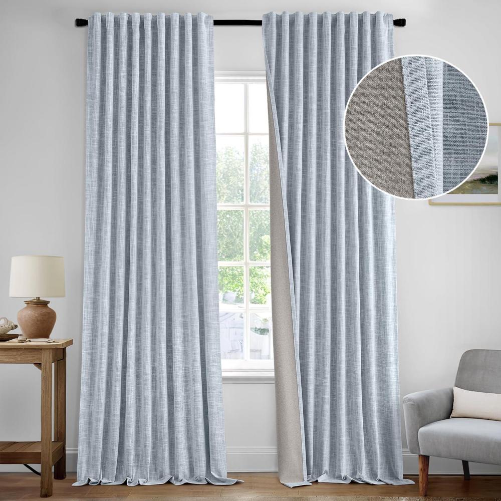 imageMIULEE Baby Pink 100 Blackout Linen Curtains 90 Inch 2 Panels Set Double Sided No Coating Pleated Back Tab Black Out Long Thermal Insulated Pinch Pleat Bedroom Living Room Darkening Window DrapesLight Blue