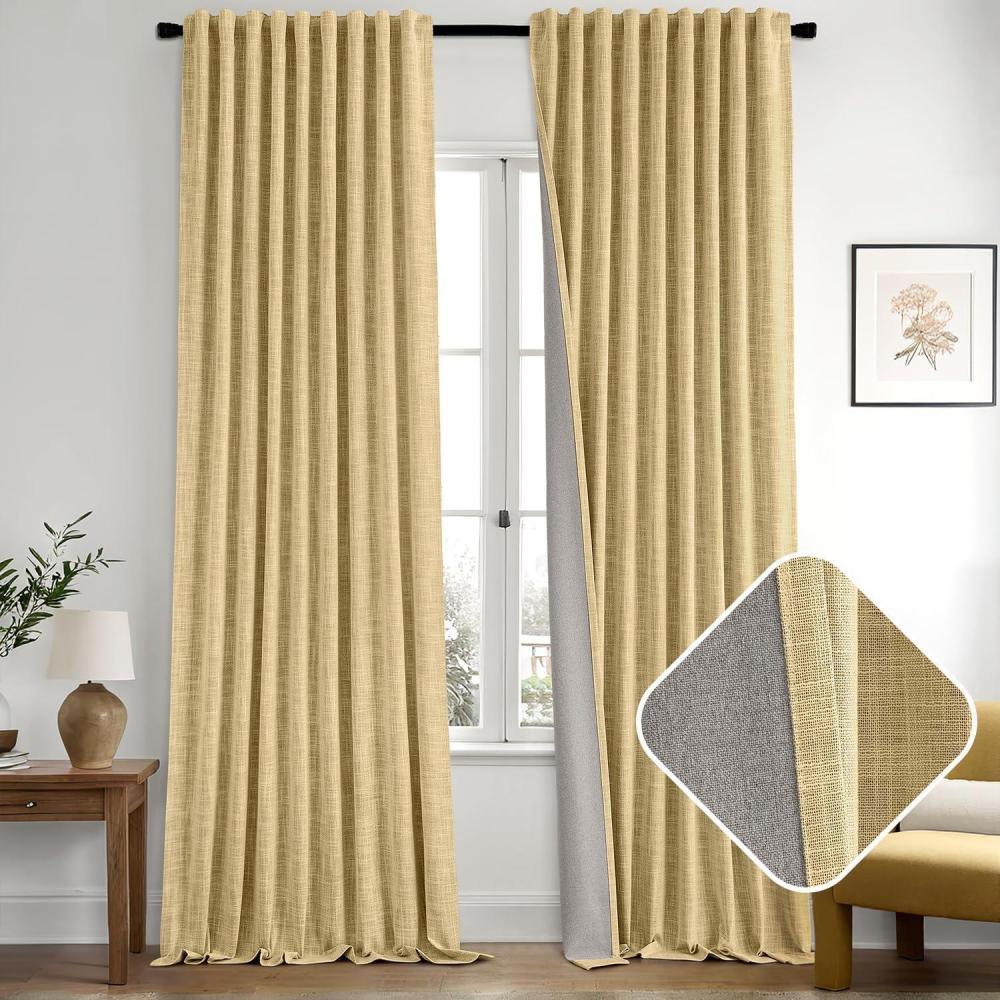 imageMIULEE Baby Pink 100 Blackout Linen Curtains 90 Inch 2 Panels Set Double Sided No Coating Pleated Back Tab Black Out Long Thermal Insulated Pinch Pleat Bedroom Living Room Darkening Window DrapesYellow