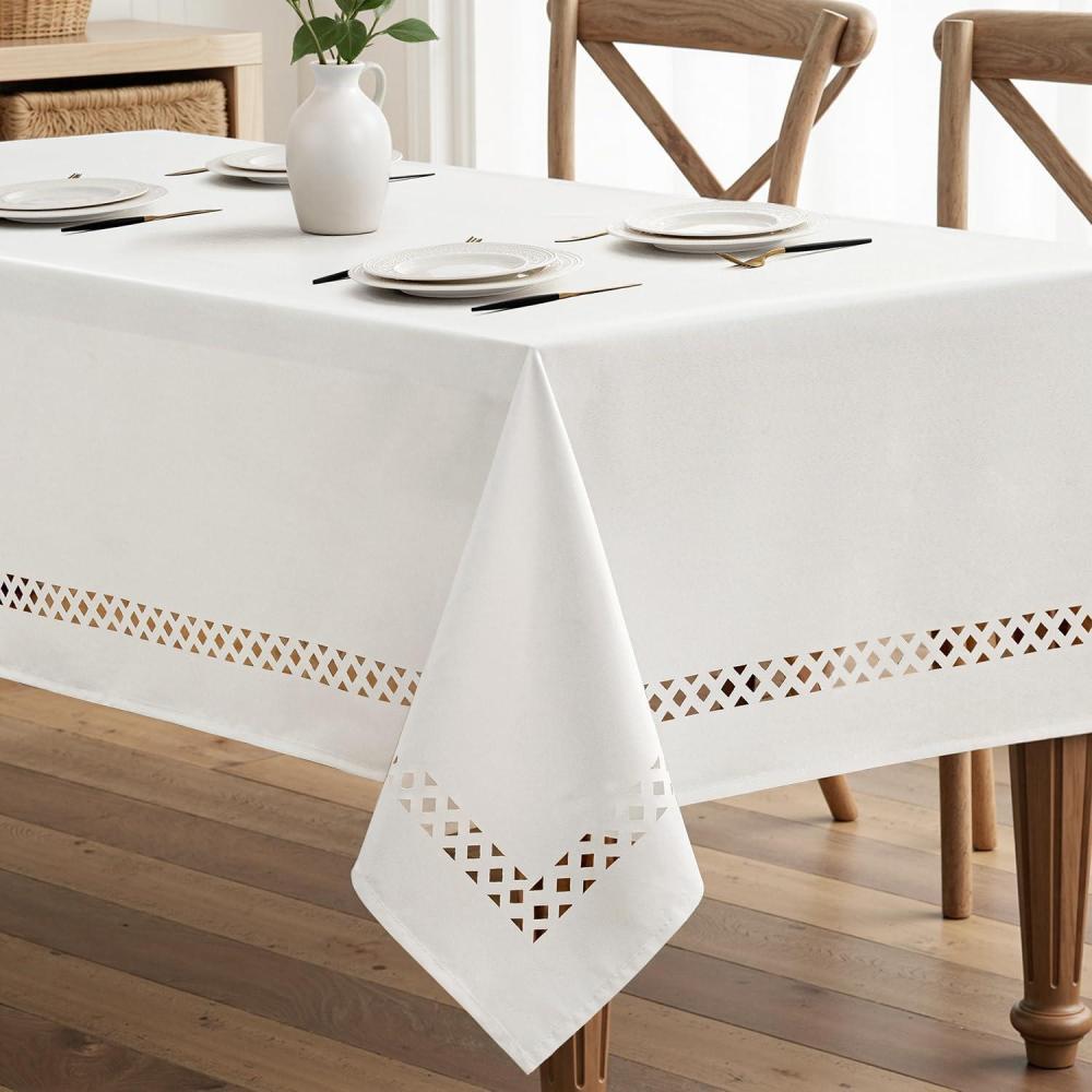 imageMIULEE Beige Rectangle Linen Polyester Tablecloth with Decorative Cutouts Waterproof Stain Resistant ampamp ShrinkProof Table Cloth 60x84 inch Farmhouse Style for Dining Wedding Party and Outdoor PicnicsWhite