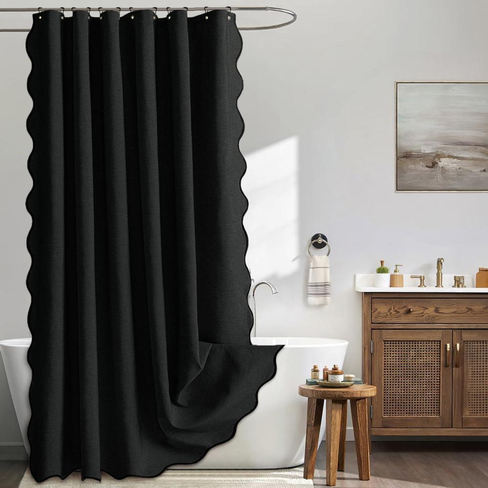 imageMIULEE Beige Scalloped Shower Curtain Linen Textured with 12 Metal Hooks Cute Heavy Duty Washable Waterproof Neutral Thick Cloth Shower Curtains with Black Border for Bathroom BathtubW72L72 CreamBlack