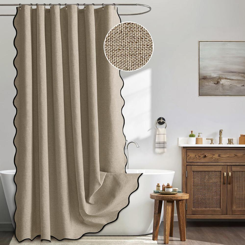 imageMIULEE Beige Scalloped Shower Curtain Linen Textured with 12 Metal Hooks Cute Heavy Duty Washable Waterproof Neutral Thick Cloth Shower Curtains with Black Border for Bathroom BathtubW72L72 CreamKhaki