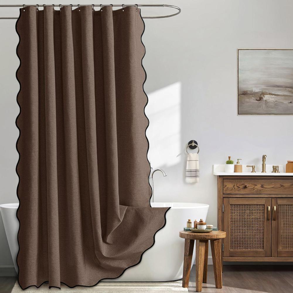 imageMIULEE Beige Scalloped Shower Curtain Linen Textured with 12 Metal Hooks Cute Heavy Duty Washable Waterproof Neutral Thick Cloth Shower Curtains with Black Border for Bathroom BathtubW72L72 CreamBrown