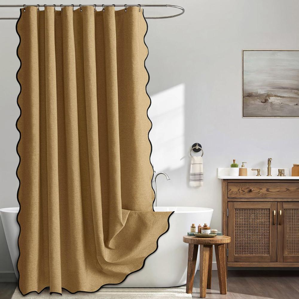 imageMIULEE Beige Scalloped Shower Curtain Linen Textured with 12 Metal Hooks Cute Heavy Duty Washable Waterproof Neutral Thick Cloth Shower Curtains with Black Border for Bathroom BathtubW72L72 CreamGold Brown