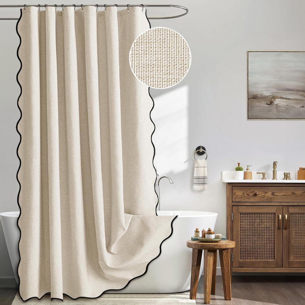 imageMIULEE Beige Scalloped Shower Curtain Linen Textured with 12 Metal Hooks Cute Heavy Duty Washable Waterproof Neutral Thick Cloth Shower Curtains with Black Border for Bathroom BathtubW72L72 CreamCream