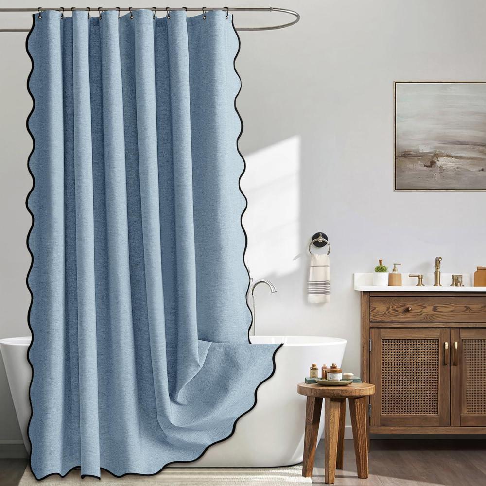 imageMIULEE Beige Scalloped Shower Curtain Linen Textured with 12 Metal Hooks Cute Heavy Duty Washable Waterproof Neutral Thick Cloth Shower Curtains with Black Border for Bathroom BathtubW72L72 CreamMoonlight Blue