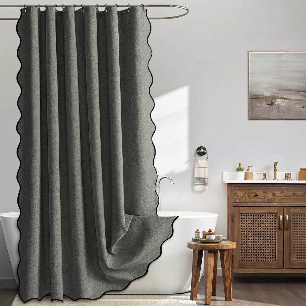 imageMIULEE Beige Scalloped Shower Curtain Linen Textured with 12 Metal Hooks Cute Heavy Duty Washable Waterproof Neutral Thick Cloth Shower Curtains with Black Border for Bathroom BathtubW72L72 CreamCharcoal Grey