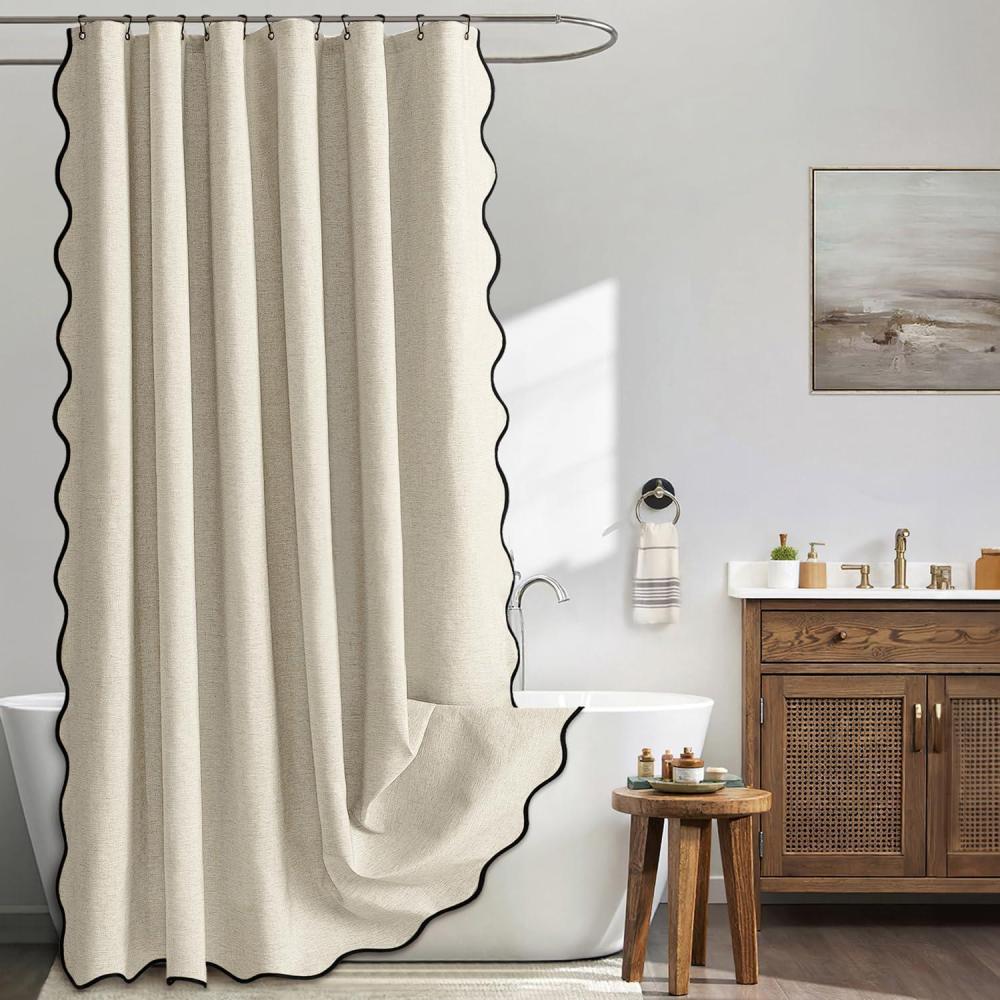imageMIULEE Beige Scalloped Shower Curtain Linen Textured with 12 Metal Hooks Cute Heavy Duty Washable Waterproof Neutral Thick Cloth Shower Curtains with Black Border for Bathroom BathtubW72L72 CreamNatural
