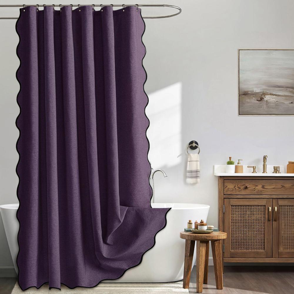 imageMIULEE Beige Scalloped Shower Curtain Linen Textured with 12 Metal Hooks Cute Heavy Duty Washable Waterproof Neutral Thick Cloth Shower Curtains with Black Border for Bathroom BathtubW72L72 CreamPurple