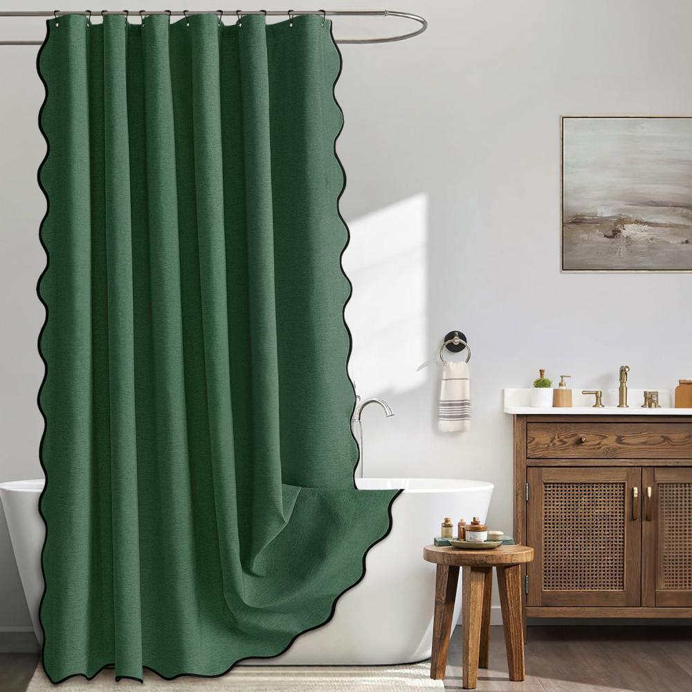 imageMIULEE Beige Scalloped Shower Curtain Linen Textured with 12 Metal Hooks Cute Heavy Duty Washable Waterproof Neutral Thick Cloth Shower Curtains with Black Border for Bathroom BathtubW72L72 CreamDark Green