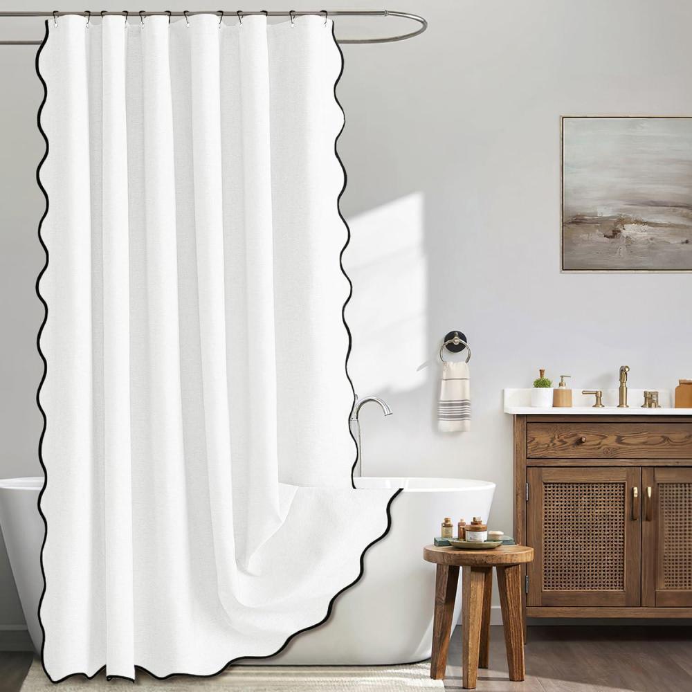 imageMIULEE Beige Scalloped Shower Curtain Linen Textured with 12 Metal Hooks Cute Heavy Duty Washable Waterproof Neutral Thick Cloth Shower Curtains with Black Border for Bathroom BathtubW72L72 CreamWhite