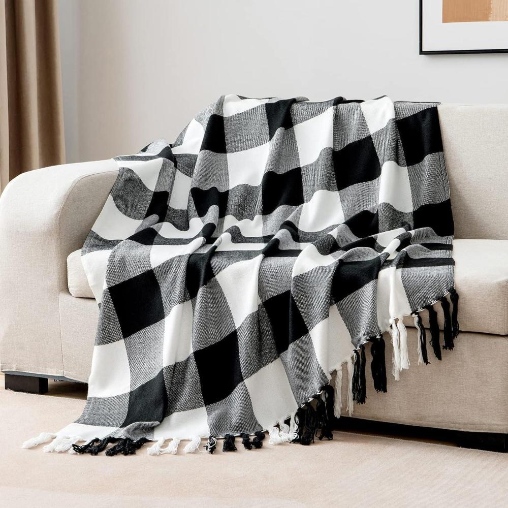imageMIULEE Black and White Buffalo Plaid Checkered Throw Blanket for Couch Farmhouse Lightweight Tartan Christmas Blankets with Checkerboard Grid Pattern Fringe Decor Sofa Bed 50 x 60 Inch