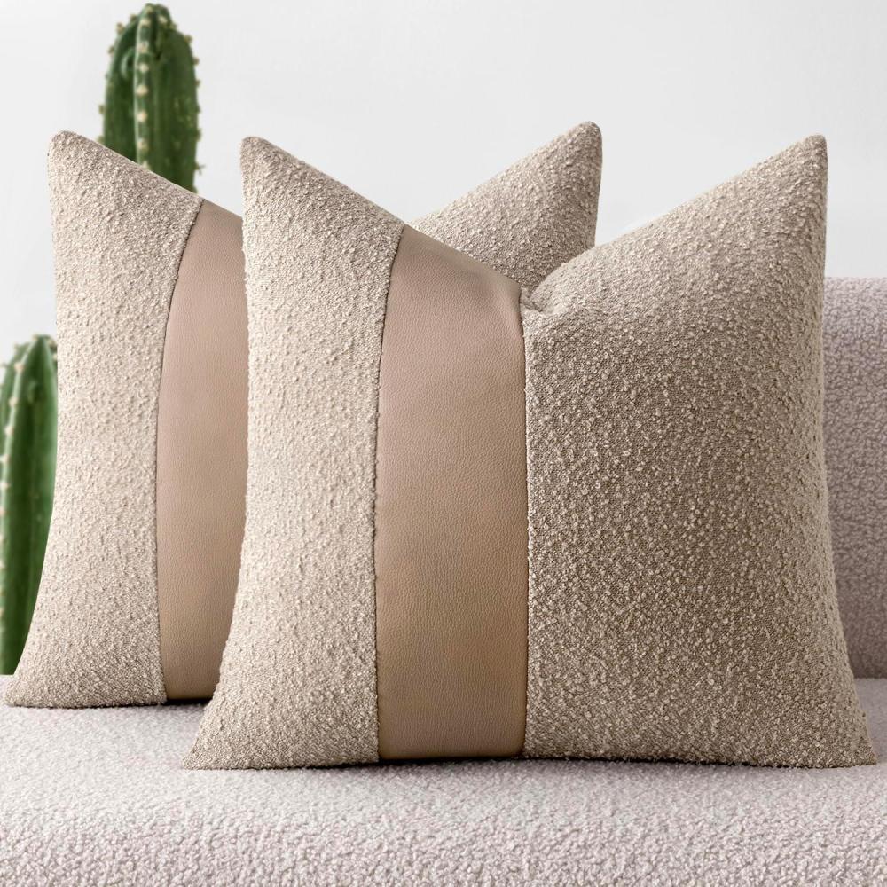imageMIULEE Boucle Throw Pillow Covers 18x18 Inch Set of 2 Brown Faux Leather Textured Decorative Pillow Cases Boho Farmhouse Accents Cushion Covers for Couch Bed Livingroom Home DecorOatmeal