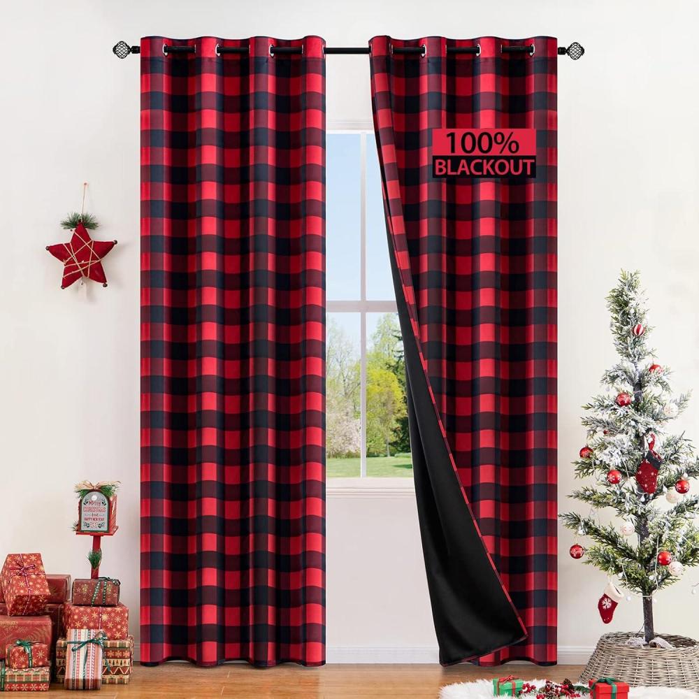 imageMIULEE Buffalo Plaid Blackout Curtains for Christmas 84 Inches Long Thermal Insulated Window Drapes with Printed Plaid for Living Room 2 Panels 52 Inch by 84 Inch Red and WhiteRed and Black
