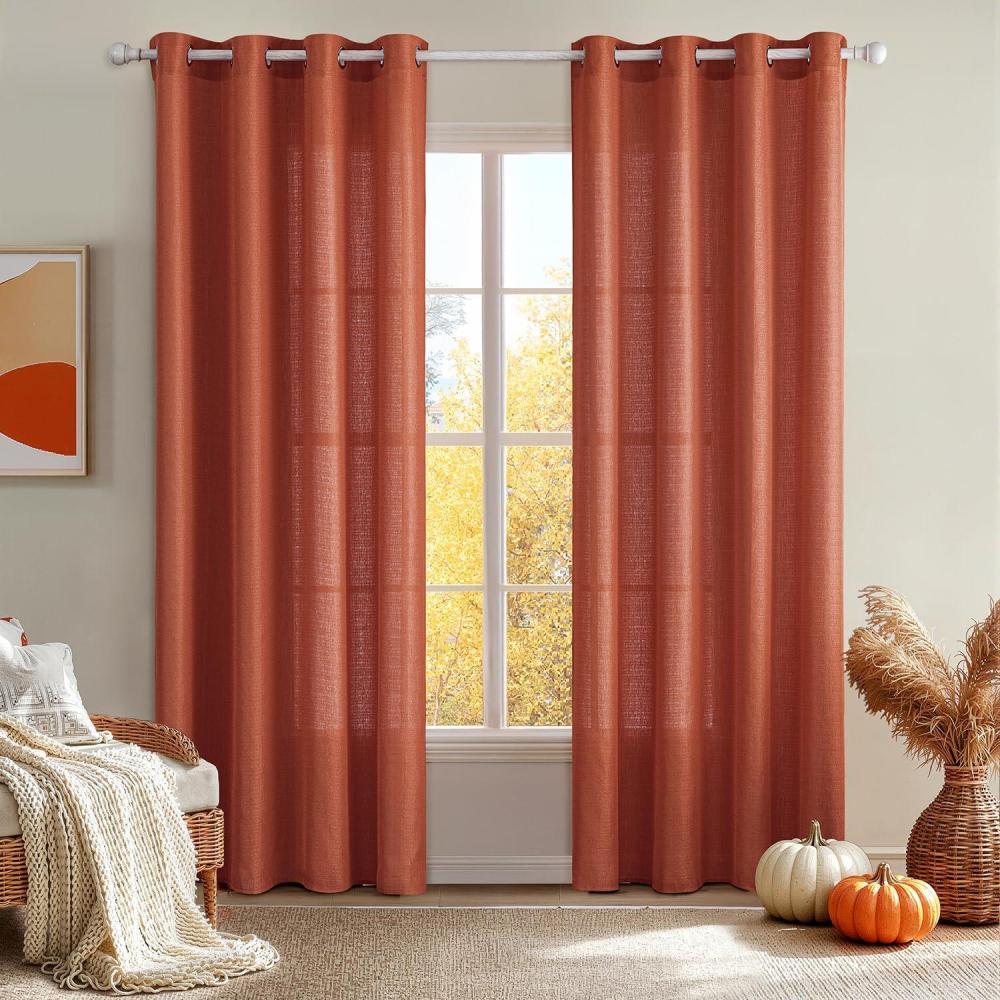 imageMIULEE Burgundy Red Faux Linen Textured Semi Sheer Curtains for Bedroom Living Room 84 Inches Length 2 Panels Set Grommet Light Filtering Privacy Curtains Drapes Room Christmas Decor Window TreatmentBurnt Orange