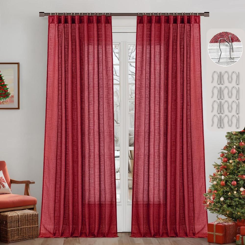 imageMIULEE Burgundy Red Linen Curtains 84 Inch Length 2 Panels for Bedroom Living Room Pinch Pleated Soft Thick Linen Textured Window Drapes with Hooks Semi Sheer Light Filtering Christmas DecorBurgundy Red
