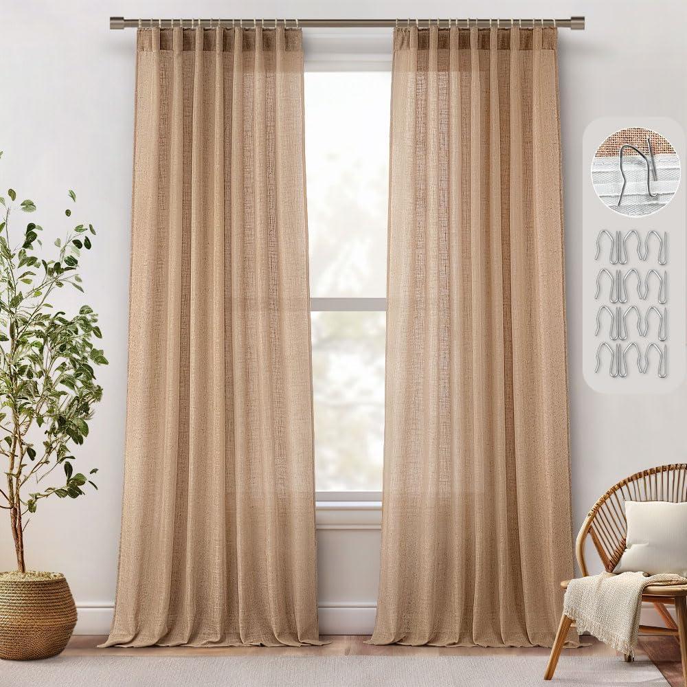 imageMIULEE Burgundy Red Linen Curtains 84 Inch Length 2 Panels for Bedroom Living Room Pinch Pleated Soft Thick Linen Textured Window Drapes with Hooks Semi Sheer Light Filtering Christmas DecorLinen Brown