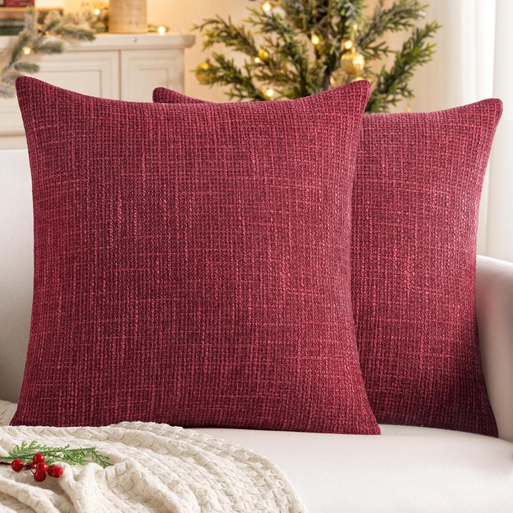 imageMIULEE Burlap Linen Christmas Throw Pillow Covers 18x18 Inch Set of 2 Dark Green Decorative Pillows Modern Farmhouse Cushion Covers for Outdoor Couch Sofa Bedroom Livingroom Home DecorBurgundy Red
