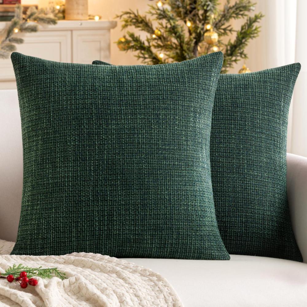 imageMIULEE Burlap Linen Christmas Throw Pillow Covers 18x18 Inch Set of 2 Dark Green Decorative Pillows Modern Farmhouse Cushion Covers for Outdoor Couch Sofa Bedroom Livingroom Home DecorDark Green