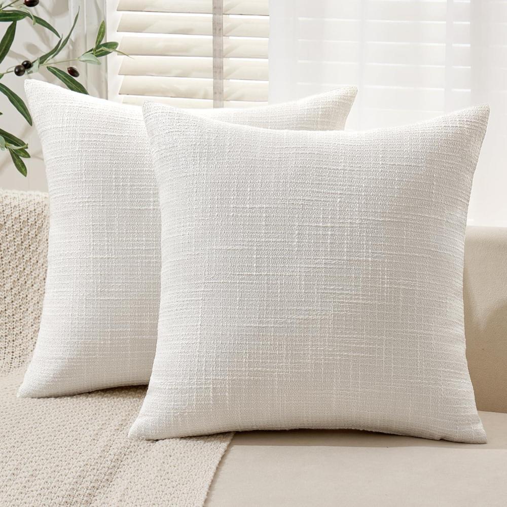 imageMIULEE Burlap Linen Christmas Throw Pillow Covers 18x18 Inch Set of 2 Dark Green Decorative Pillows Modern Farmhouse Cushion Covers for Outdoor Couch Sofa Bedroom Livingroom Home DecorPure White