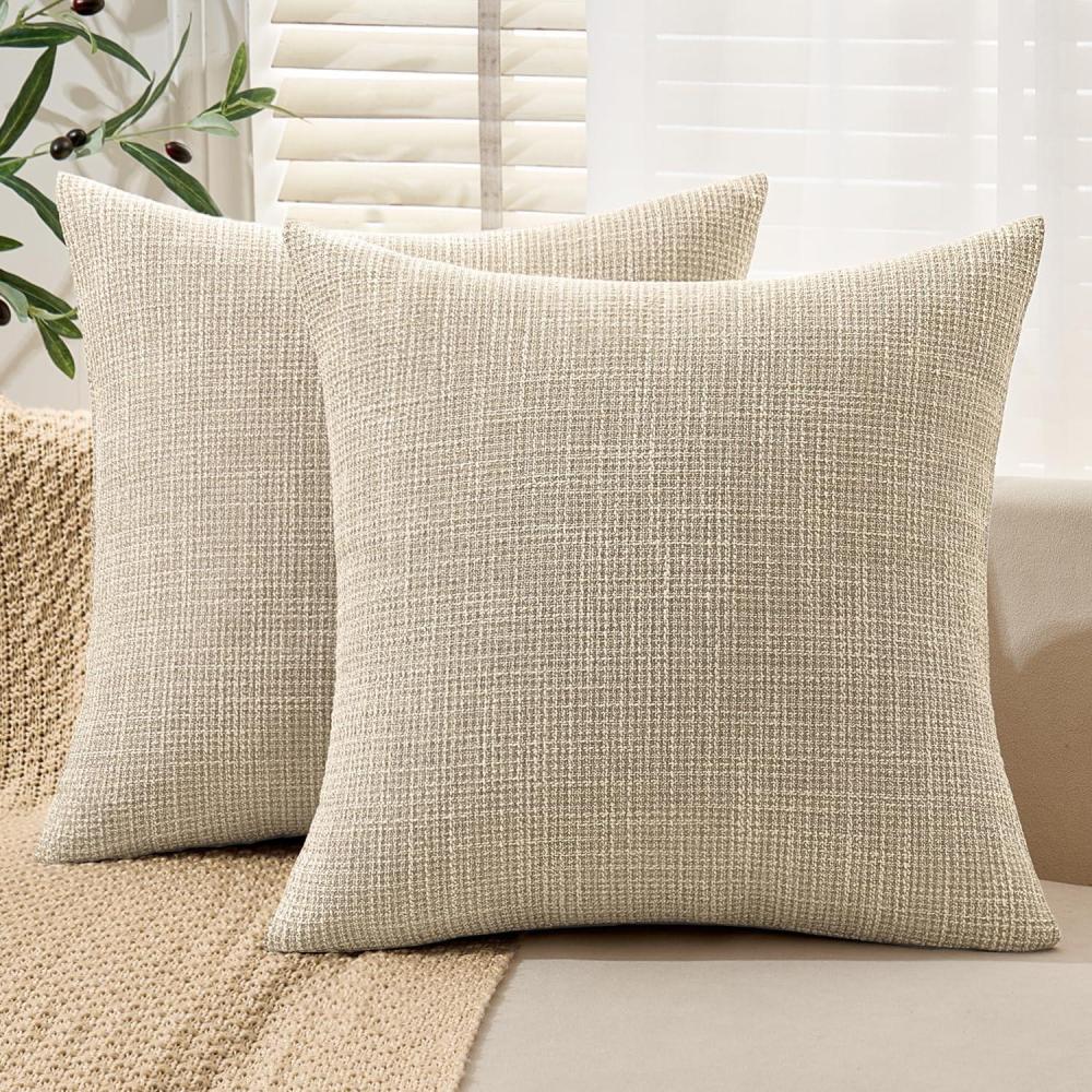 imageMIULEE Burlap Linen Christmas Throw Pillow Covers 18x18 Inch Set of 2 Dark Green Decorative Pillows Modern Farmhouse Cushion Covers for Outdoor Couch Sofa Bedroom Livingroom Home DecorBeige