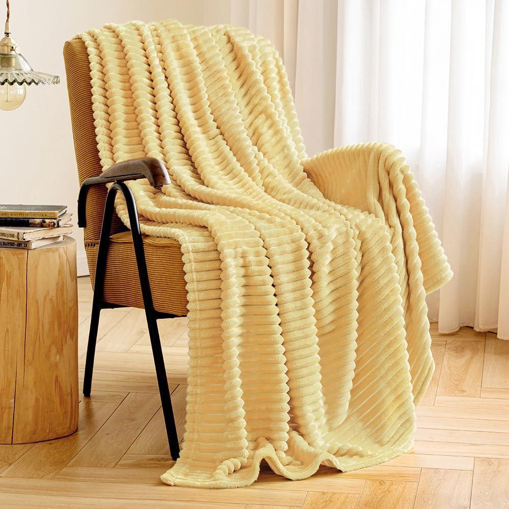 imageMIULEE Burnt Orange Fleece Blanket Durable Plush Fuzzy Extra Soft Warm Cozy Striped Flannel Fall Throw Blanket for Couch Sofa Bed 30quotx40quotLight Yellow