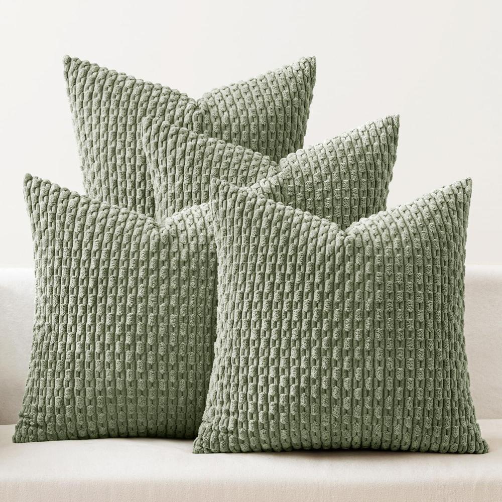 imageMIULEE Burnt Orange Throw Pillow Covers Soft Couch Decorative Set of 4 Boho Striped Cushion Covers Corduroy Pillowcase Farmhouse Home Decor for Couch Bed Sofa Living Room 18x18 Inch Yellow OrangeSage Green