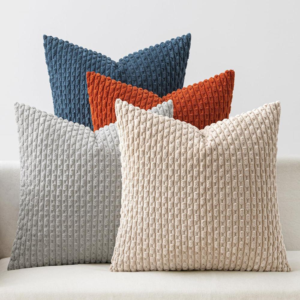 imageMIULEE Burnt Orange Throw Pillow Covers Soft Couch Decorative Set of 4 Boho Striped Cushion Covers Corduroy Pillowcase Farmhouse Home Decor for Couch Bed Sofa Living Room 18x18 Inch Yellow OrangeBlue and Orange