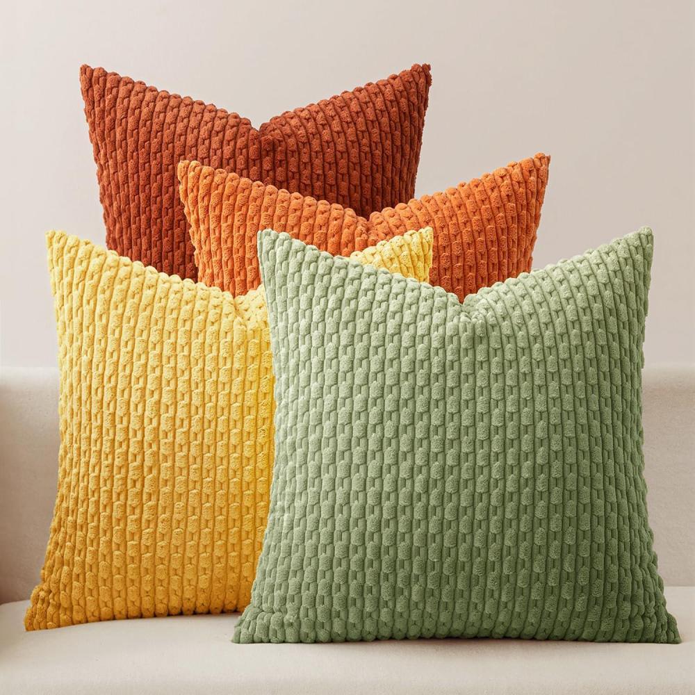 imageMIULEE Burnt Orange Throw Pillow Covers Soft Couch Decorative Set of 4 Boho Striped Cushion Covers Corduroy Pillowcase Farmhouse Home Decor for Couch Bed Sofa Living Room 18x18 Inch Yellow OrangeYellow Orange