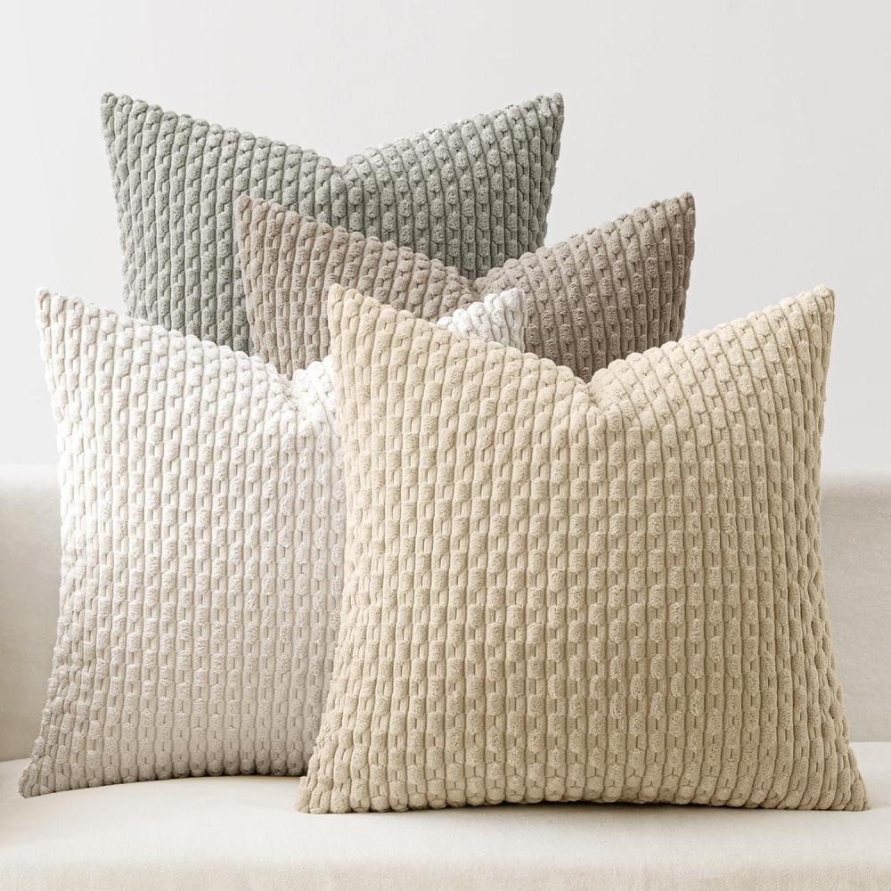 imageMIULEE Burnt Orange Throw Pillow Covers Soft Couch Decorative Set of 4 Boho Striped Cushion Covers Corduroy Pillowcase Farmhouse Home Decor for Couch Bed Sofa Living Room 18x18 Inch Yellow OrangeNeutral Harmony