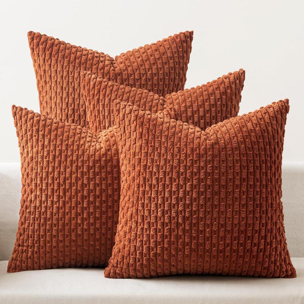 imageMIULEE Burnt Orange Throw Pillow Covers Soft Couch Decorative Set of 4 Boho Striped Cushion Covers Corduroy Pillowcase Farmhouse Home Decor for Couch Bed Sofa Living Room 18x18 Inch Yellow OrangeBurnt Orange