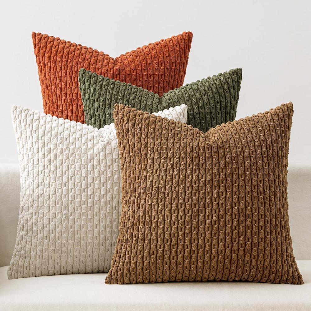 imageMIULEE Burnt Orange Throw Pillow Covers Soft Couch Decorative Set of 4 Boho Striped Cushion Covers Corduroy Pillowcase Farmhouse Home Decor for Couch Bed Sofa Living Room 18x18 Inch Yellow OrangeCamel Green