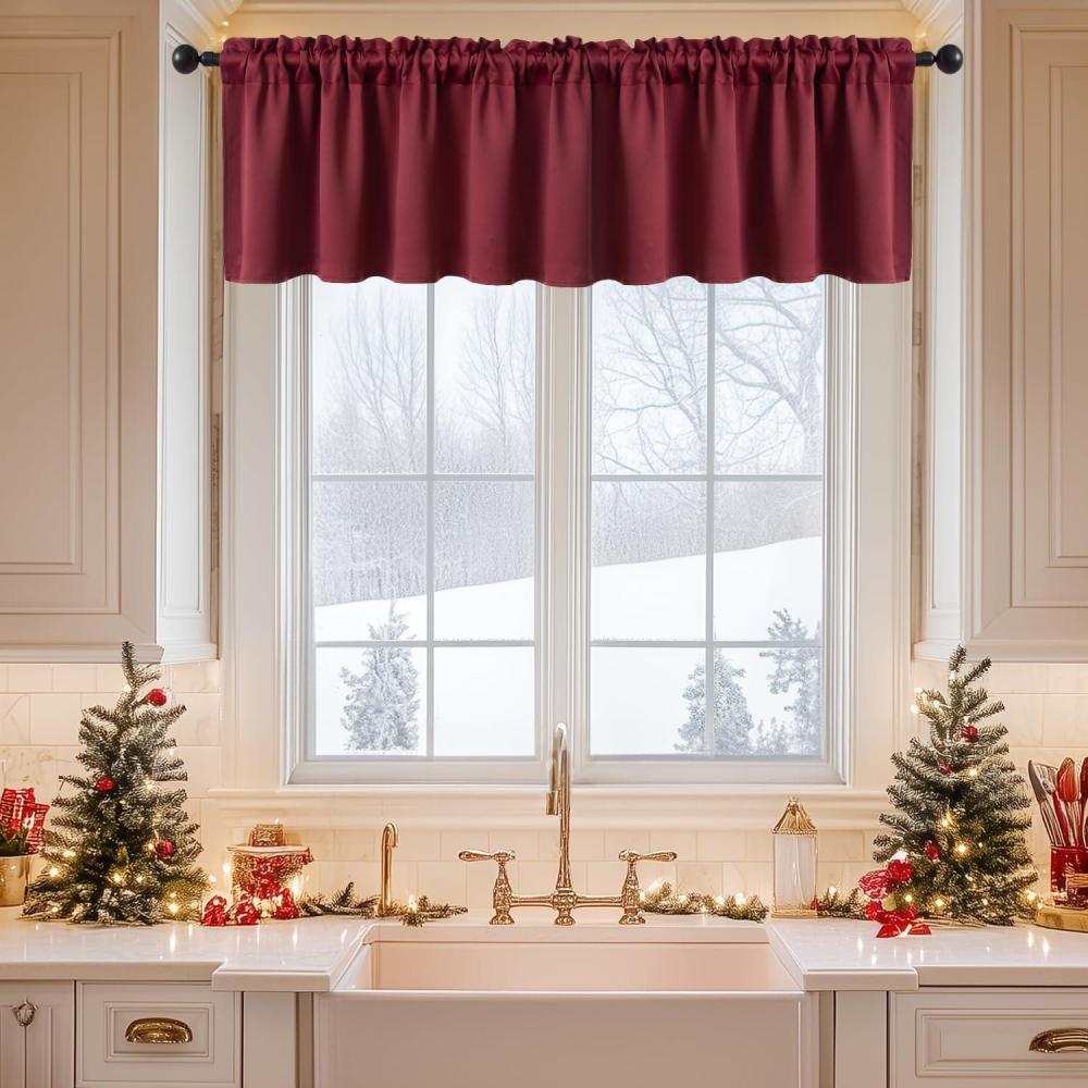 imageMIULEE Christmas Blackout Window Valance for Bedroom Kitchen Bathroom Living Room Darkening Rod Pocket Curtain Valance Thermal Insulated Window Treatment 1 Panel 52 x 18 Inches Hunter GreenWine Red