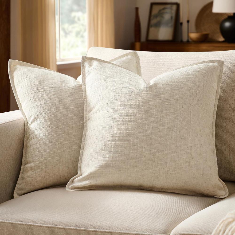 imageMIULEE Christmas Decorative Pillow Covers 20x20 2 Pack Boho Farmhouse Neutral Throw Pillows for Couch Thick Textured Modern Linen Cushion Cases Sofa Bed Living Room Home Decor Dark GreenNatural Beige