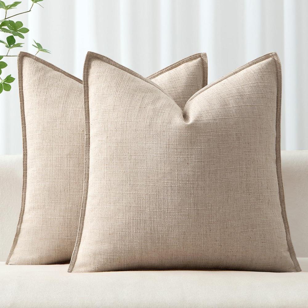 imageMIULEE Christmas Decorative Pillow Covers 20x20 2 Pack Boho Farmhouse Neutral Throw Pillows for Couch Thick Textured Modern Linen Cushion Cases Sofa Bed Living Room Home Decor Dark GreenNatural Linen