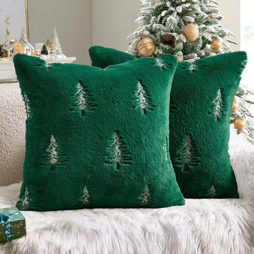 imageMIULEE Christmas Decorative Pillow Covers Set of 2 Faux Fur Throw Pillows with Embroidered Christmas Tree 18x18 Inch White Green Winter Couch Covers for Festival Sofa Bedroom Living Room Home DecorGreen White