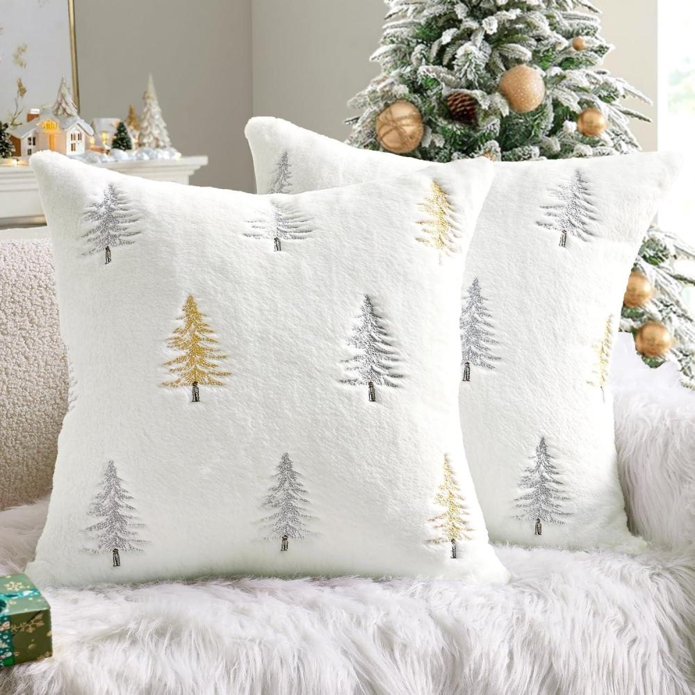 imageMIULEE Christmas Decorative Pillow Covers Set of 2 Faux Fur Throw Pillows with Embroidered Christmas Tree 18x18 Inch White Green Winter Couch Covers for Festival Sofa Bedroom Living Room Home DecorWhite Gold