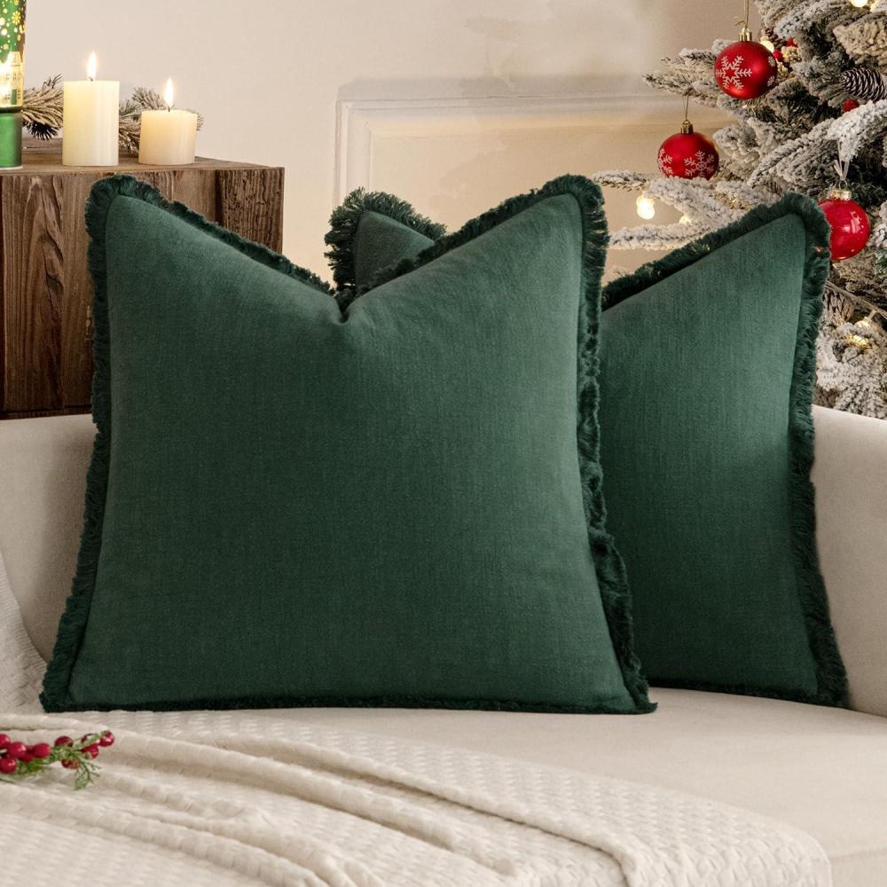 imageMIULEE Christmas Decorative Throw Pillow Covers Neutral Linen Fringe Throw Pillows Set of 2 Natural Beige Boho Farmhouse Cushion Covers with Tassels for Couch Sofa Bed Living Room Decor 18x18 InchArmy Green