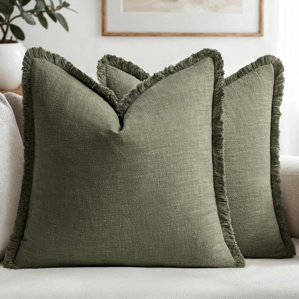 imageMIULEE Christmas Decorative Throw Pillow Covers Neutral Linen Fringe Throw Pillows Set of 2 Natural Beige Boho Farmhouse Cushion Covers with Tassels for Couch Sofa Bed Living Room Decor 18x18 InchOlive Green