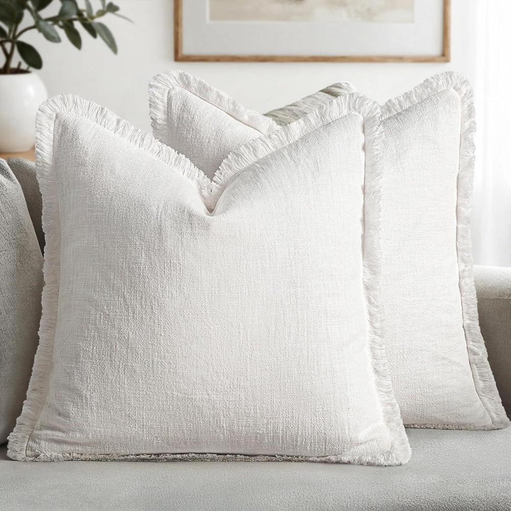 imageMIULEE Christmas Decorative Throw Pillow Covers Neutral Linen Fringe Throw Pillows Set of 2 Natural Beige Boho Farmhouse Cushion Covers with Tassels for Couch Sofa Bed Living Room Decor 18x18 InchWhite