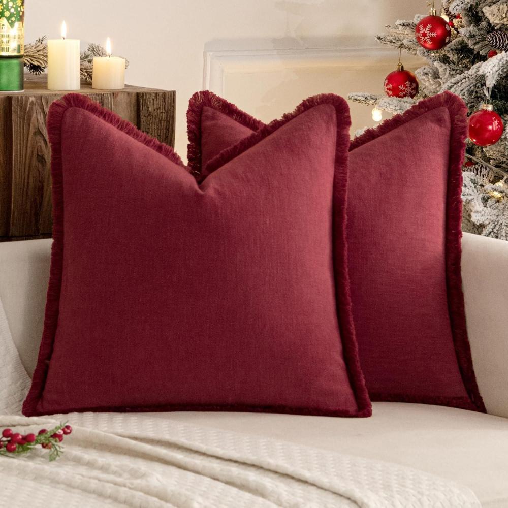 imageMIULEE Christmas Decorative Throw Pillow Covers Neutral Linen Fringe Throw Pillows Set of 2 Natural Beige Boho Farmhouse Cushion Covers with Tassels for Couch Sofa Bed Living Room Decor 18x18 InchBurgundy