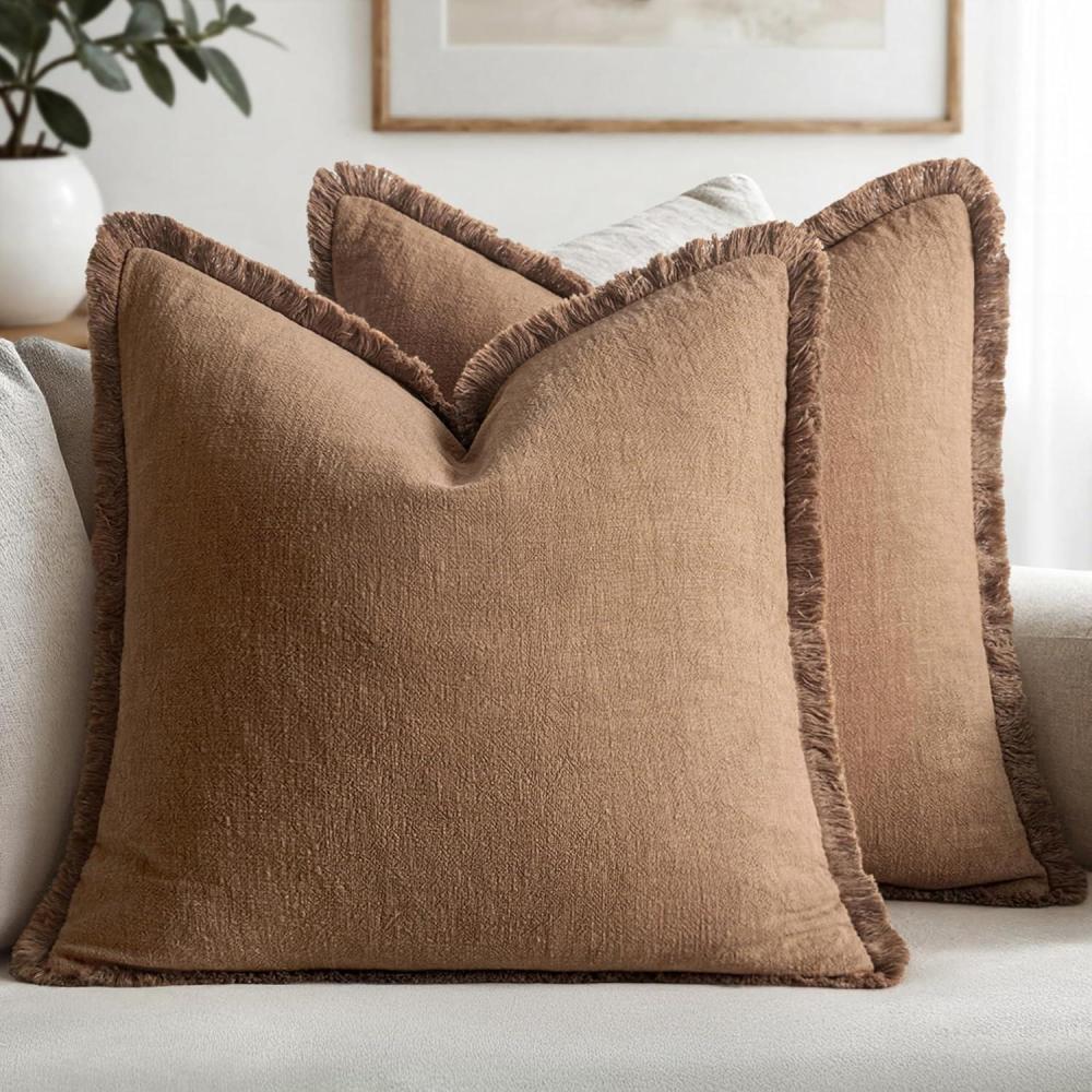 imageMIULEE Christmas Decorative Throw Pillow Covers Neutral Linen Fringe Throw Pillows Set of 2 Natural Beige Boho Farmhouse Cushion Covers with Tassels for Couch Sofa Bed Living Room Decor 18x18 InchBrown