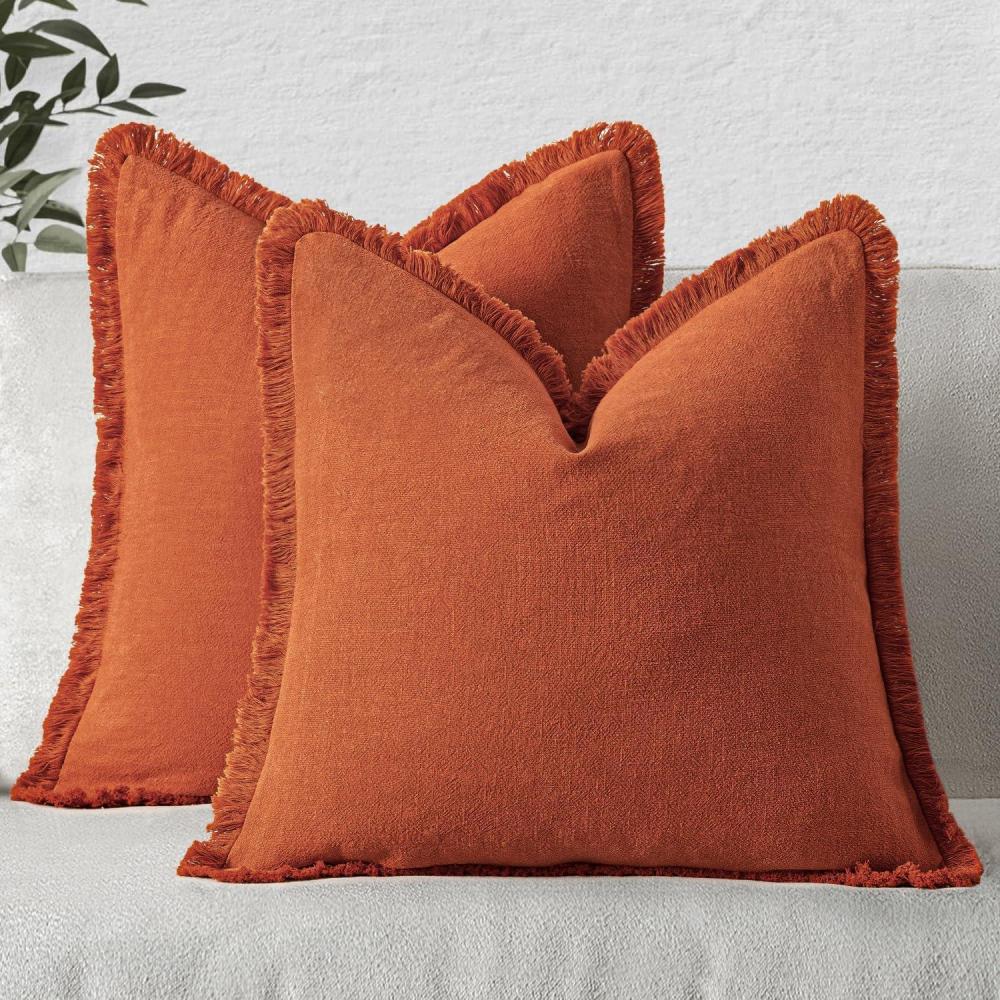 imageMIULEE Christmas Decorative Throw Pillow Covers Neutral Linen Fringe Throw Pillows Set of 2 Natural Beige Boho Farmhouse Cushion Covers with Tassels for Couch Sofa Bed Living Room Decor 18x18 InchBurnt Orange