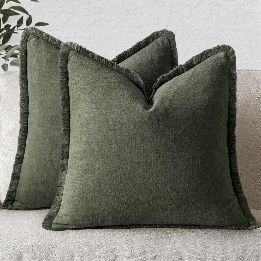 imageMIULEE Christmas Decorative Throw Pillow Covers Neutral Linen Fringe Throw Pillows Set of 2 Natural Beige Boho Farmhouse Cushion Covers with Tassels for Couch Sofa Bed Living Room Decor 18x18 InchRifle Green
