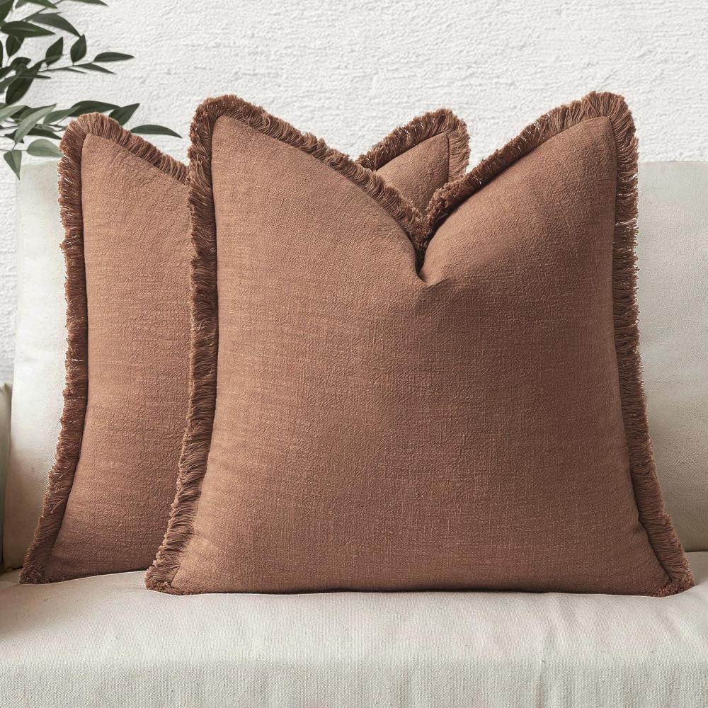 imageMIULEE Christmas Decorative Throw Pillow Covers Neutral Linen Fringe Throw Pillows Set of 2 Natural Beige Boho Farmhouse Cushion Covers with Tassels for Couch Sofa Bed Living Room Decor 18x18 InchBrick