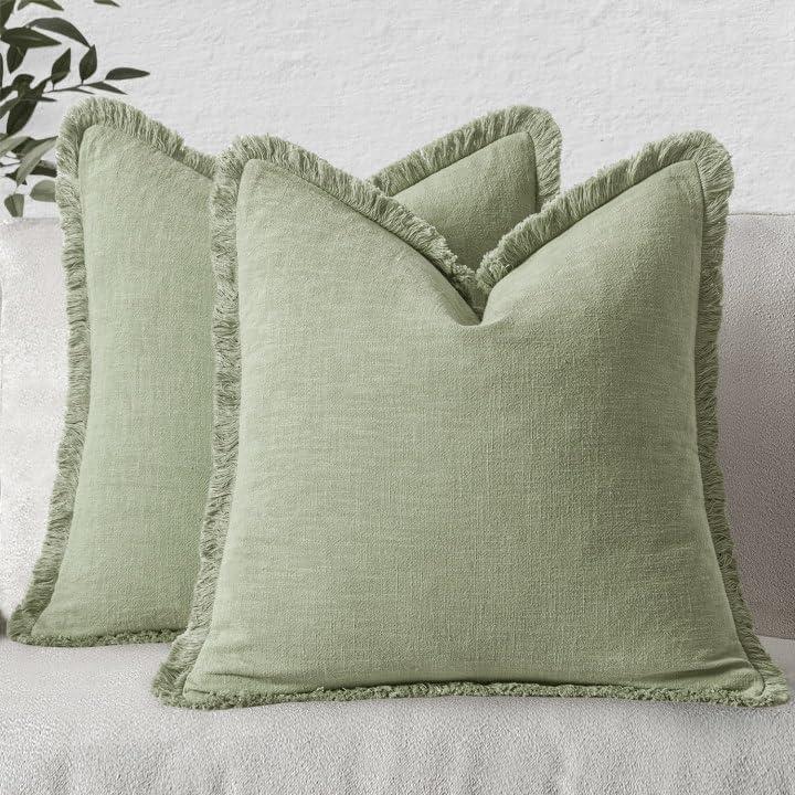 imageMIULEE Christmas Decorative Throw Pillow Covers Neutral Linen Fringe Throw Pillows Set of 2 Natural Beige Boho Farmhouse Cushion Covers with Tassels for Couch Sofa Bed Living Room Decor 18x18 InchSage Green