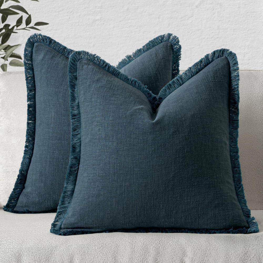 imageMIULEE Christmas Decorative Throw Pillow Covers Neutral Linen Fringe Throw Pillows Set of 2 Natural Beige Boho Farmhouse Cushion Covers with Tassels for Couch Sofa Bed Living Room Decor 18x18 InchNavy Blue