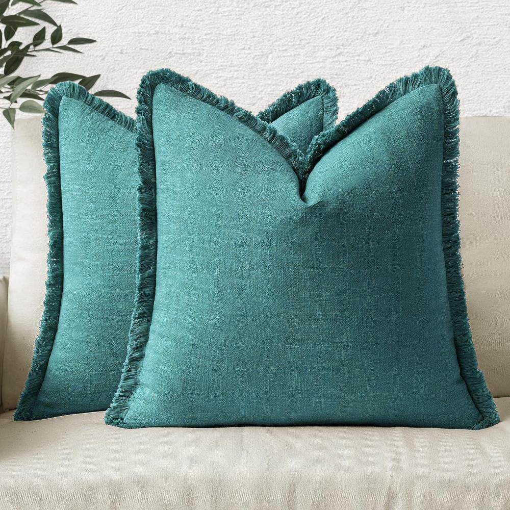 imageMIULEE Christmas Decorative Throw Pillow Covers Neutral Linen Fringe Throw Pillows Set of 2 Natural Beige Boho Farmhouse Cushion Covers with Tassels for Couch Sofa Bed Living Room Decor 18x18 InchTeal
