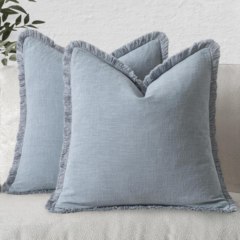 imageMIULEE Christmas Decorative Throw Pillow Covers Neutral Linen Fringe Throw Pillows Set of 2 Natural Beige Boho Farmhouse Cushion Covers with Tassels for Couch Sofa Bed Living Room Decor 18x18 InchLight Blue
