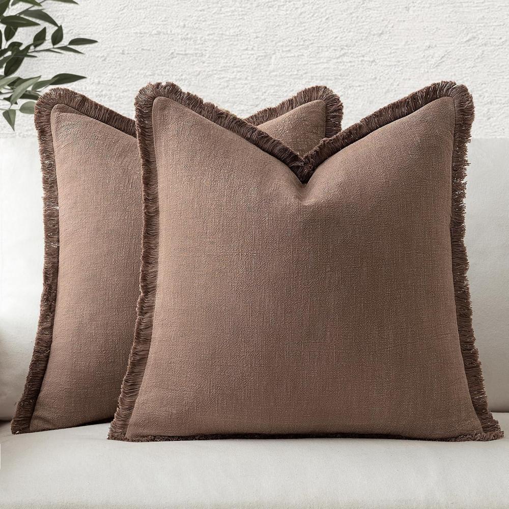 imageMIULEE Christmas Decorative Throw Pillow Covers Neutral Linen Fringe Throw Pillows Set of 2 Natural Beige Boho Farmhouse Cushion Covers with Tassels for Couch Sofa Bed Living Room Decor 18x18 InchDark Coffee