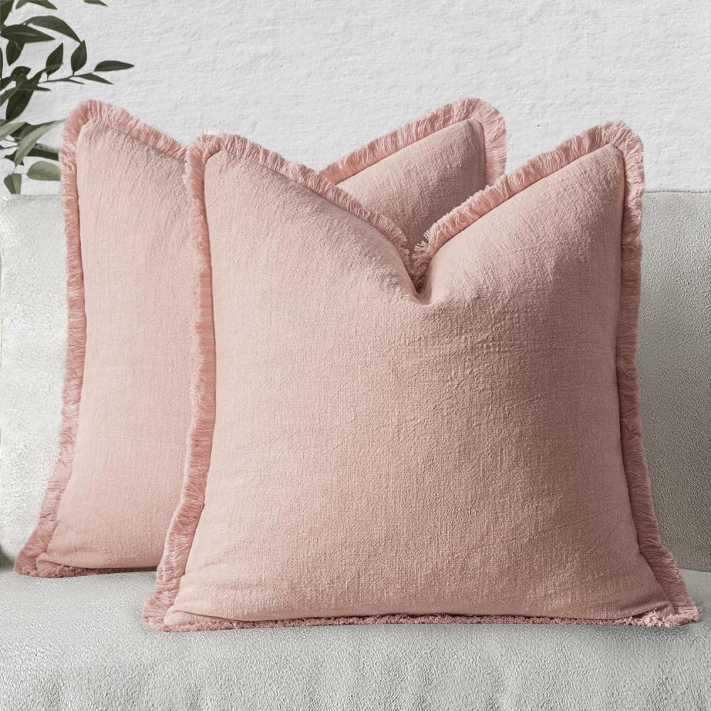 imageMIULEE Christmas Decorative Throw Pillow Covers Neutral Linen Fringe Throw Pillows Set of 2 Natural Beige Boho Farmhouse Cushion Covers with Tassels for Couch Sofa Bed Living Room Decor 18x18 InchPink